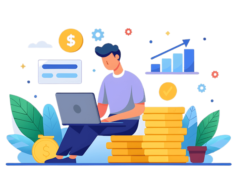 Professional working on laptop with financial growth symbols, salary data visualization, and career advancement elements